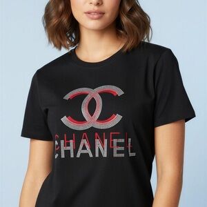 CHANEL Black Short Sleeve Tee with Red and Silver Logo